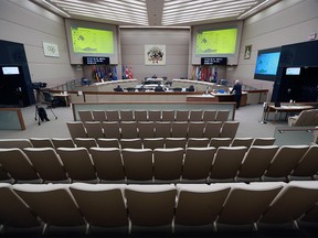 Calgary Mayor Naheed Nenshi was the only member of council in council chambers on Monday, April 6, 2020. The rest of council took part from home amidst COVID-19 precautions. Gavin Young/Postmedia