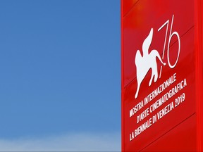 The festival's logo is pictured outside the Palazzo del Cinema on August 27, 2019 on the eve of the opening of the 76th Venice Film Festival at Venice Lido.