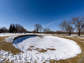 A snow-covered bunker at Inglewood Golf Course in Calgary on Monday, April 13, 2020. Alberta golfers are petitioning to have courses open during COVID-19.