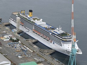 An aerial view shows Italian cruise ship Costa Atlantica, which had confirmed 33 cases of the coronavirus disease (COVID-19) infection, in Nagasaki, southern Japan April 21, 2020. in this photo taken by Kyodo.
