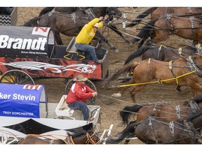 Obrey Motowylo and Troy Flad battle to the finish in Heat 2 of the Rangeland Derby chuckwagon races at the Calgary Stampede in Calgary, Ab., on Sunday, July 7, 2019. Mike Drew/Postmedia