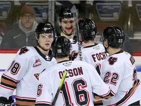 The Hitmen celebrate a goal during the 2nd period of action as the Calgary Hitmen host the Regina Pat at the Saddledome. Wednesday, February 12, 2020. Brendan Miller/Postmedia