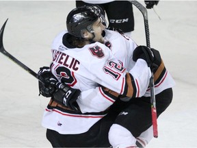 Hitmen Mark Kastelic is seen celebrating a goal during the 1st period of action as the Calgary Hitmen host the Regina Pat at the Saddledome.  Wednesday, February 12, 2020. Brendan Miller/Postmedia