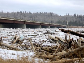 Chunks of river ice beneath bridges crossing the Athabasca River in Fort McMurray, Alberta on Sunday, April 26, 2020. Vincent McDermott/Fort McMurray Today/Postmedia Network