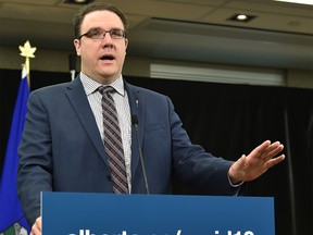 Government House Leader Jason Nixon speaking about legislation needed to respond to the COVID-19 global pandemic at a news conference in Edmonton, March 31, 2020. Ed Kaiser/Postmedia