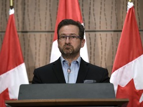 Bloc Quebecois leader Yves-Francois Blanchet speaks during a press conference on the federal government's response to COVID-19, in West Block on Parliament Hill in Ottawa, on Saturday, April 11, 2020.
