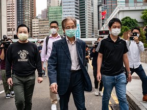 Former lawmaker and pro-democracy activist Martin Lee leaves the Central District police station in Hong Kong after being arrested on April 18, 2020, in Hong Kong, China.