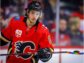 Calgary Flames Johnny Gaudreau during warm-up before facing the Arizona Coyotes during NHL hockey in Calgary on Friday March 6, 2020. Al Charest / Postmedia