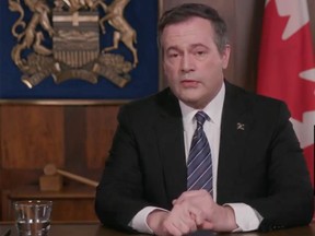 Video frame grab of the Alberta Premier Jason Kenney during a TV address to the province on COVID-19.