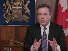 Video frame grab of the Alberta Premier Jason Kenney during a TV address to the province on COVID-19.