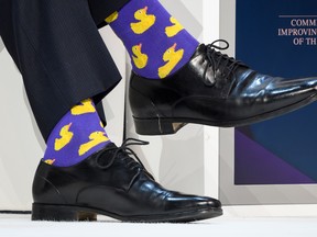 Canadian Prime Minister Justin Trudeau's socks are seen during a session at the Economic Forum annual meeting on Jan. 25, 2018 in Davos, Switzerland.