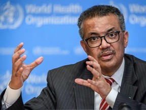 World Health Organization (WHO) Director-General Tedros Adhanom Ghebreyesus attends a daily press briefing on COVID-19 at the WHO headquaters in Geneva on March 11, 2020.
