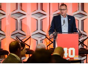 Calgary Flames general manager Brad Treliving speaks during the team's 40th season luncheon at Scotiabank Saddledome on  March 9, 2020. Azin Ghaffari/Postmedia