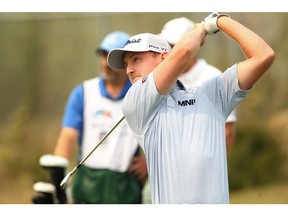 Jared du Toit, of  Kimberley, B.C., tees off during play at the ATB Financial Classic at the Talons at Country Hills Golf Course in Calgary on Aug. 11, 2018. Jim Wells/Postmedia