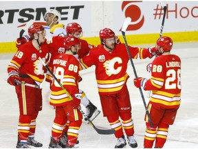 Calgary Flames, Rasmus Andersson scores on Nashville Predators goalie Juuse Saros in second period action of at the Scotiabank Saddledome in Calgary on Thursday, February 6, 2020. Darren Makowichuk/Postmedia