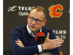 Flames General Manager, Brad Treliving speaks to media on the stoppage of the NHL and the death of Ken King at the Scotiabank Saddledome in Calgary on Thursday, March 12, 2020. Darren Makowichuk/Postmedia