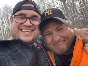 Jacob Sansom, 39, and his uncle Morris Cardinal, 57, smile in a photo taken the day before their bodies were discovered. They were found with gunshot wounds on Saturday, March 28, 2020, around 4 a.m. on a rural road near Glendon, northeast of Edmonton.