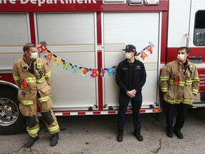 Calgary Firefighters join other emergency personnel to wish Gladys de Vries a 100th birthday at Cedars Villa Healthcare on Tuesday, April 14, 2020.