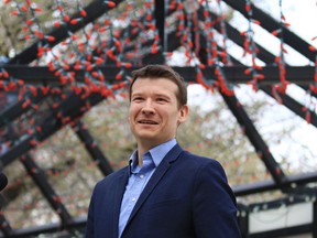 Ward 11 councillor Jeromy Farkas talks with media in Calgary on Thursday, May 7, 2020. Farkas is asking for changes to the CTrain Green Line project given the COVID-19 economic challenges facing the city.