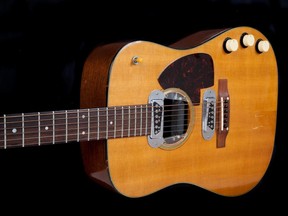 The 1959 Martin D-18E acoustic guitar played by the late Kurt Cobain during the live taping of "MTV Unplugged" in 1993 is seen in an undated photo before going up for auction in Beverly Hills, Calif., on June 19-20, 2020.