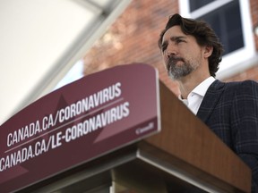 Prime Minister Justin Trudeau speaks during his daily news conference on the COVID-19 pandemic outside his residence at Rideau Cottage in Ottawa, on Sunday, May 3, 2020.