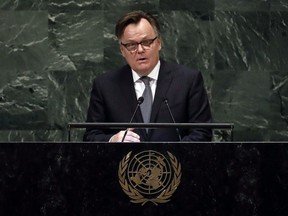 Canada's UN Ambassador Marc-Andre Blanchard addresses the 73rd session of the United Nations General Assembly, at UN headquarters, Oct. 1, 2018.