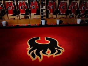 The Calgary Flames dressing room at the Scotiabank Saddledome.