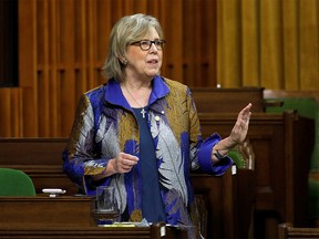 Canada's Green Party parliamentary leader Elizabeth May speaks in the House of Commons on Parliament Hill in Ottawa, Ontario, Canada April 11, 2020.