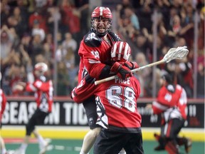 Calgary Roughnecks Rhys Duch scores the winning goal as they win the NLL Champion's Cup, winning the National Lacrosse League title by beating the Buffalo Bandits at the Scotiabank Saddledome in Calgary on Saturday, May 25, 2019. Darren Makowichuk/Postmedia