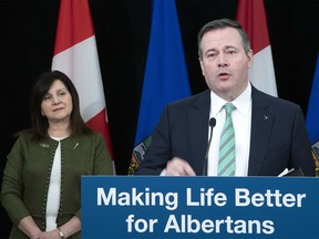 Premier Jason Kenney and Alberta’s Minister of Education Adriana LaGrange during a news conference from Edmonton on Thursday, May 28, 2020, about Bill 15, the Choice in Education Act.