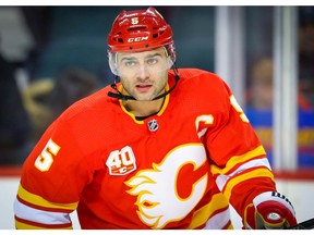 Calgary Flames Mark Giordano during warm-up before facing the Chicago Blackhawks during NHL hockey in Calgary on Tuesday December 31, 2019. Al Charest / Postmedia