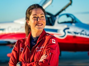 Capt. Jenn Casey is seen in this undated handout photo from the Royal Canadian Air Force Twitter page. The family of Capt. Jenn Casey says the member of the Snowbirds aerobatic team died while supporting an important mission "that seemed to be designed for her."