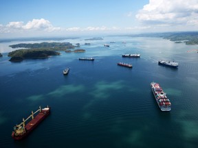 Merchant ships sail along the Panama Canal in 2016.