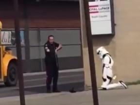 A woman dressed in a Star Wars storm trooper costume was arrested by Lethbridge police on May 4, 2020.