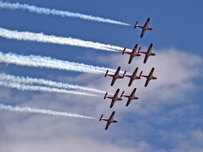 The Canadian Snowbirds doing a flyby over Edmonton on their cross-country flyover tour on May 15, 2020.