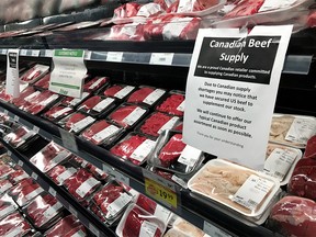 Sobeys stores have put up signs as a possible shortage of beef due to the COVID-19 in Calgary on Tuesday, May 12, 2020.