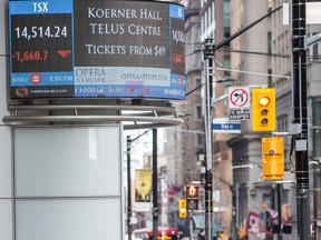 A screen displays devalued stocks and the TSX outside of Bank of Montreal at King and Bay Streets. Toronto, Ont., March 9, 2020.