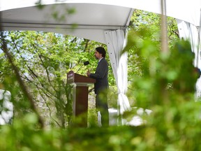 Prime Minister Justin Trudeau holds a press conference at Rideau Cottage amid the COVID-19 pandemic in Ottawa on Thursday, May 21, 2020.