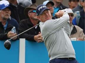 Jeff Maggert of the U.S. tees off in Round 2 of the Shaw Charity Classic in Calgary on Aug. 31, 2019.