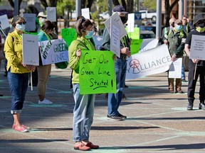 CTrain Green Line supporters rallied outside Calgary City Hall on Monday, June 1, 2020. A key council vote on the project was scheduled on Monday.