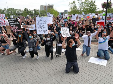 Several thousand Calgarians participated in an anti-racist rally in downtown Calgary on Monday, June 1, 2020. The protesters were also lying down the way George Floyd, 46 was when he was killed by a police officer in Minneapolis, Minnesota. That Minneapolis officer has since been charged with murder. Gavin Young/Postmedia