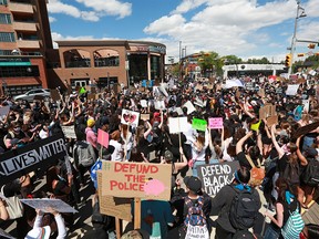 A large Black Lives Matter rally and march drew several thousand Calgarians on Wednesday, June 3, 2020. The protesters rallied at Poppy Plaza on Memorial drive before marching to City Hall.