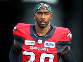 Jamar Wall of the Calgary Stampeders runs onto the field during player introductions before facing the Toronto Argonauts in CFL football on Thursday, July 18, 2019. Al Charest/Postmedia