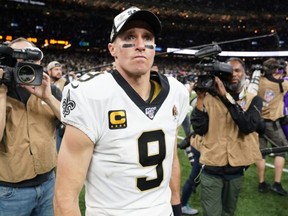 Saints quarterback Drew Brees reacts after an overtime loss to the Vikings in a NFC Wild Card playoff game at the Mercedes-Benz Superdome in New Orleans, Jan. 5, 2020.