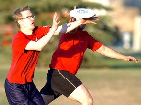 A spirited game of ultimate frisbee in Calgary's Renfrew Park.