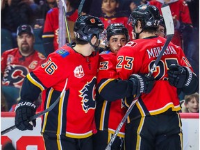 Mar 6, 2020; Calgary, Alberta, CAN; Calgary Flames left wing Johnny Gaudreau (13) celebrates with teammates after scoring a goal against the Arizona Coyotes during the first period at Scotiabank Saddledome. Mandatory Credit: Sergei Belski-USA TODAY Sports ORG XMIT: USATSI-406039