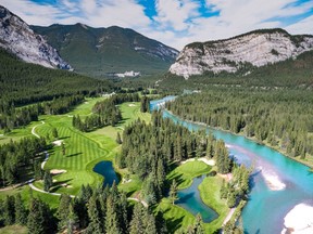 An aerial shot of Fairmont Banff Springs, a 27-hole hangout in the Canadian Rockies — home to both the Stanley Thompson 18 and the Tunnel Mountain Nine.