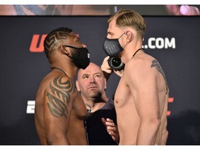 Curtis Blaydes and Alexander Volkov of Russia during weigh-ins for UFC Fight Night at the UFC APEX in Las Vegas on Friday, June 19, 2020. Chris Unger/Zuffa LLC via USA TODAY Sports