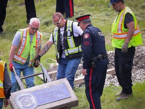 The Cst. Rick Sonnenberg roadside monument on Deerfoot Trail near Southland Drive was removed on Monday June 1, 2020 at the request of his family. The young officer who had only been on the city force for three years, died Oct. 8, 1993 when he was run over by a teenager driving a stolen car.