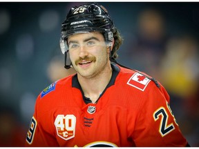 Calgary Flames Dillon Dube during warm-up before facing the Colorado Avalanche during NHL hockey in Calgary on Tuesday November 19, 2019. Al Charest / Postmedia